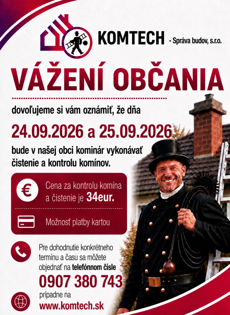 Čistenie komínov v Hriňovej 24. – 25. septembra 2026, cena 34 €